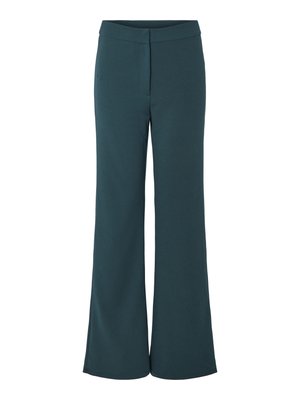 Pantalons larges teal en tissu doux, dotés d'une taille élastique et de plis à l'avant pour un look soigné. Texture lisse et fluide.
