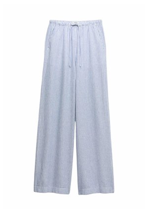 Pantaloni ampi a righe verticali azzurro chiaro e bianche con vita elastica e coulisse, dotati di tasche laterali.