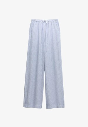 Pantaloni ampi a righe verticali azzurro chiaro e bianche con vita elastica e coulisse, dotati di tasche laterali.