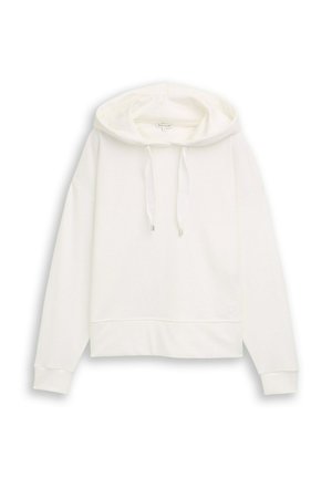 Witte hoodie met lange mouwen, trekkoorden, geribbelde manchetten en zoom, en een klein hartdetail vlakbij de onderzoom aan de voorkant.