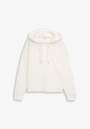 Biela mikina s kapucňou a dlhými rukávmi, s nastaviteľnými šnúrkami, rebrovanými manžetami a lemom a malým detailom v podobe srdca blízko spodného lemu vpredu.