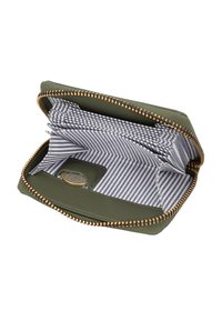 Small green zippered wallet open to show striped fabric interior and a few coins inside.