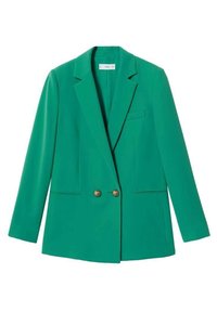 Groene blazer van gladde stof, met een geknipte revers, dubbele knoopsluiting en twee voorzakken met een getailleerde pasvorm.