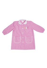 Cappotto per bambini a quadri rosa con colletto bianco a scallop, bottoni frontali e due tasche. Presenta tre conigli ricamati sul petto.