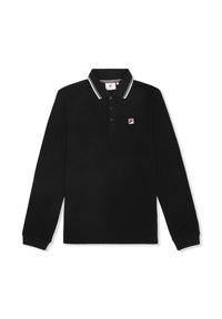 Camisa polo negra de manga larga con cuello puntiagudo, con rayas blancas, botones y un pequeño logo en rojo y blanco en el pecho.