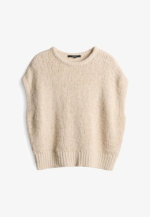 Cremfarbener, gestrickter Pullover mit lockerer Passform, kurzen Ärmeln, geripptem Saum und strukturiertem Muster, aus weichem, gemütlichem Material gefertigt.