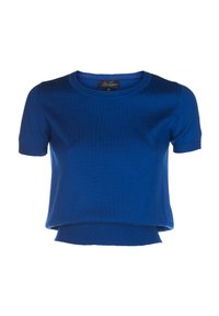 Kortärmad blå stickad topp med rund halsringning. Har en något lös passform och ribbad fåll. Mjuk textur med en sömlös finish.