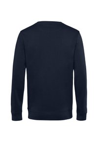 Sudadera de manga larga azul marino con cuello redondo, textura suave, puños y dobladillo acanalados. Sin logotipos ni patrones visibles. Vista trasera.