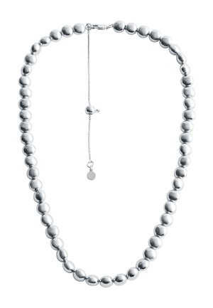 Halskette aus Silber mit glatten, runden Perlen in unterschiedlichen Größen und einer Kettenverlängerung mit einem Verschluss für die Längenanpassung.