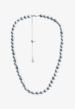 Halskette aus Silber mit glatten, runden Perlen in unterschiedlichen Größen und einer Kettenverlängerung mit einem Verschluss für die Längenanpassung.