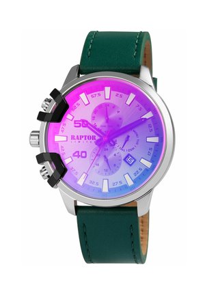 Digital watch with a gradient purple-pink face, silver casing, green leather strap, and black accents. Features include multiple dials and a date display.