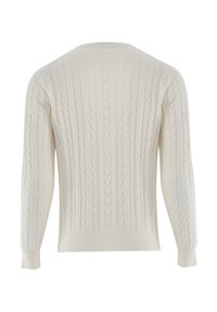 Große Strickpullover in Creme, mit einem strukturierten Muster, langen Ärmeln und Rundhalsausschnitt. Gerippte Bündchen und Saum runden das Design ab.