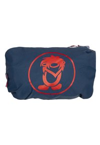 Blue fabric pouch with a circular red graphic of a character. Features a zipper closure and a textured surface.