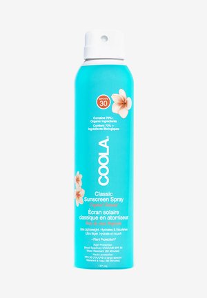 Aqua-blaues Spray in einer Aerosoldose mit dem Etikett "Coola Classic Sunscreen Spray", ausgestattet mit einem weißen Deckel, tropischen Blumenakzenten und einem SPF 30 Hinweis.
