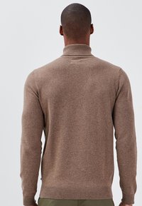 Brauner gestrickter Pullover mit langen Ärmeln und hohem Kragen. Mit gerippten Bündchen und Saum, die eine weiche Textur zeigen. Rückansicht.