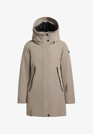 Béžová zimní bunda s vysokým límcem a nastavitelnou kapucí. Obsahuje černé zipy a akcenty, dvě přední kapsy a rovný střih.