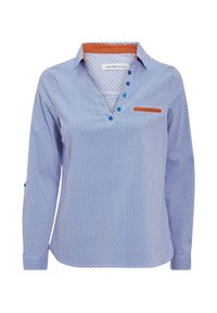 Chemise bleue à motifs avec un col en V, des manches longues, des accents de boutons et un détail de poche en faux cuir marron. Comprend des boutons décoratifs bleus.