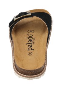 Schwarze Wildleder-Sandale zum Hineinschlüpfen mit einer goldenen Schnalle, Korkfußbett, weißen Kantennaht und strukturiertem braunem Fußbett. Größe 37, hergestellt in Spanien.