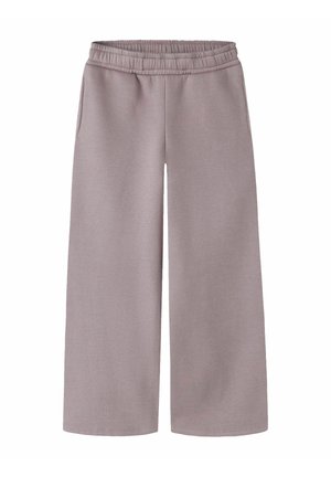 Pantalon taille haute à jambes larges en tissu doux mauve avec une ceinture élastique et des poches latérales.