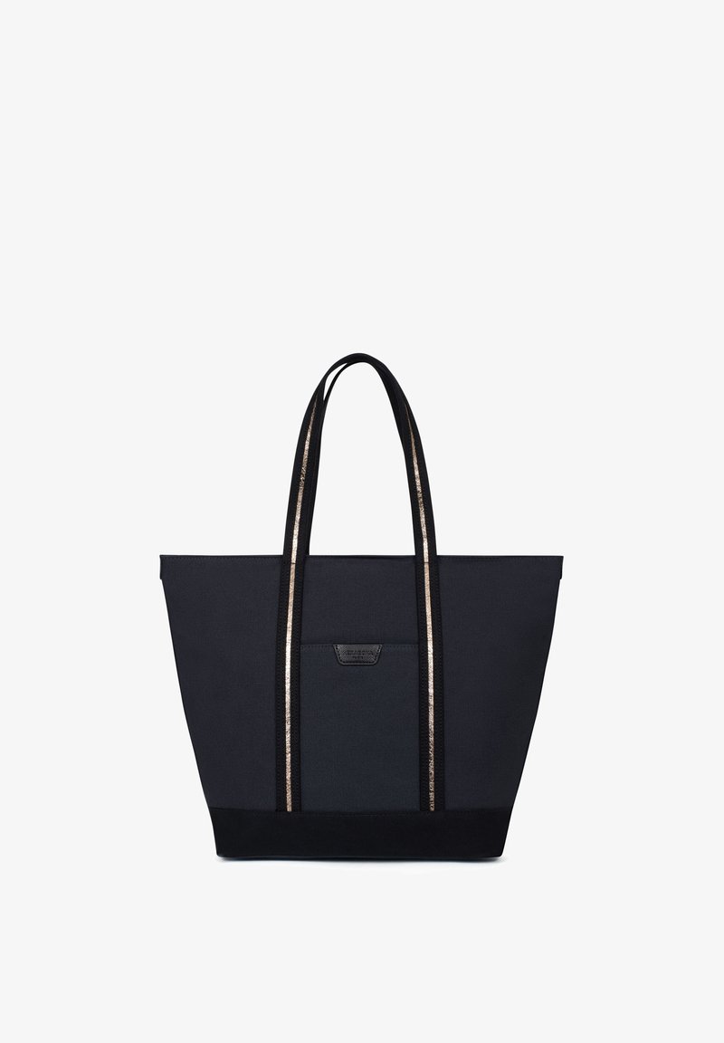 Zwarte tote bag van canvas met contrasterende zwarte randen, voorzien van metalen gestreepte handvatten en een voorvak met een logo-label.