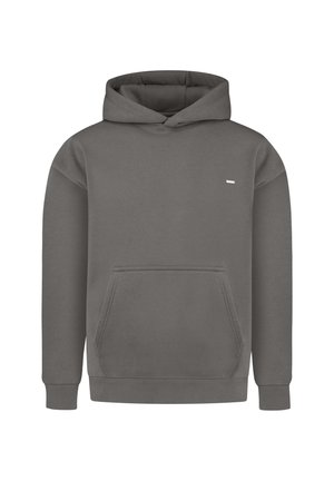 Szary sweatshirt z kapturem, posiadający przednią kieszeń kangurzą oraz ściągacze na rękawach. Prosty design z małym logo na piersi, wykonany z miękkiego materiału.