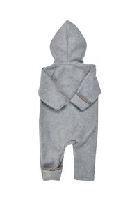 GrauFleece Baby-Overall mit Kapuze, ausgestattet mit einem karierten Akzent an den Bündchen, weicher Textur und langen Ärmeln.