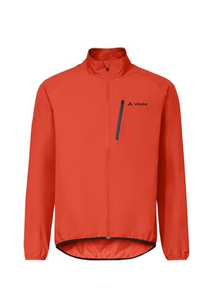 Rode lange mouwen jas met volledige ritssluiting aan de voorkant, borstzak met ritssluiting, elastische manchetten, hoge kraag en Vaude-logo op de linkerborst.