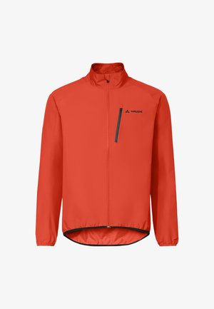 Rode lange mouwen jas met volledige ritssluiting aan de voorkant, borstzak met ritssluiting, elastische manchetten, hoge kraag en Vaude-logo op de linkerborst.