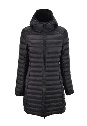 Giacca a vento nera con cappuccio, caratterizzata da un design trapuntato, zip frontale e un taglio lungo. Realizzata in materiale liscio e lucido.