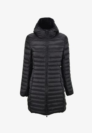 Giacca a vento nera con cappuccio, caratterizzata da un design trapuntato, zip frontale e un taglio lungo. Realizzata in materiale liscio e lucido.