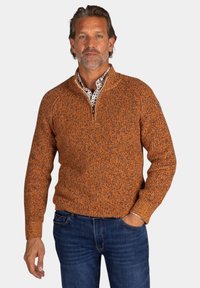 Getextureerde oranje trui met een halve rits kraag, gecombineerd met een wit patroonshirt en donkere spijkerbroek. Eenvoudig ontwerp, casual pasvorm.