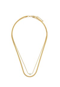 Naszyjnik w kolorze złota z podwójnym łańcuszkiem, z gładkimi, wężowymi ogniwami i okrągłym, teksturowanym akcentem w centrum. Regulowane zapięcie umożliwiające dostosowanie długości.