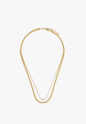Naszyjnik w kolorze złota z podwójnym łańcuszkiem, z gładkimi, wężowymi ogniwami i okrągłym, teksturowanym akcentem w centrum. Regulowane zapięcie umożliwiające dostosowanie długości.