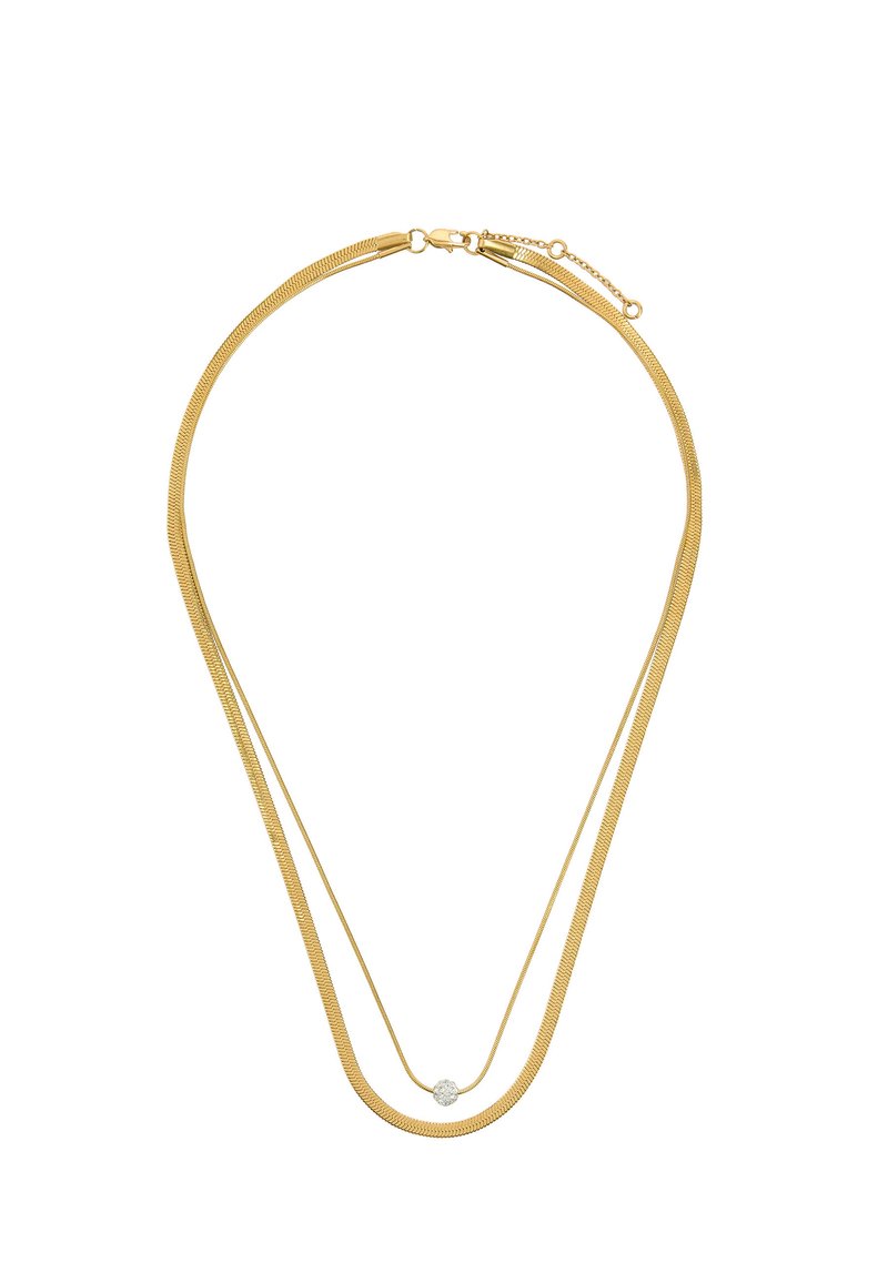 Naszyjnik w kolorze złota z podwójnym łańcuszkiem, z gładkimi, wężowymi ogniwami i okrągłym, teksturowanym akcentem w centrum. Regulowane zapięcie umożliwiające dostosowanie długości.