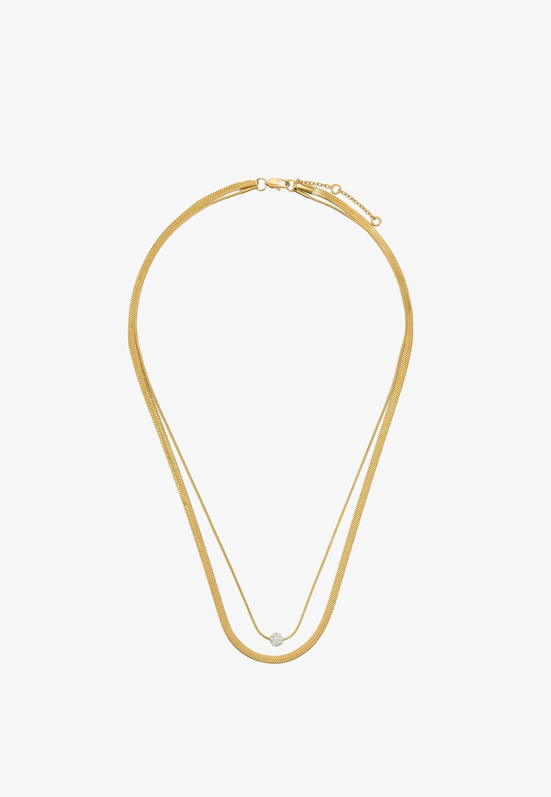 Naszyjnik w kolorze złota z podwójnym łańcuszkiem, z gładkimi, wężowymi ogniwami i okrągłym, teksturowanym akcentem w centrum. Regulowane zapięcie umożliwiające dostosowanie długości.