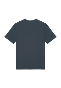 Donker marineblauwe katoenen t-shirt met een standaard ronde hals en korte mouwen. Glad oppervlak, geen zichtbare patronen of graphics op de achterkant.