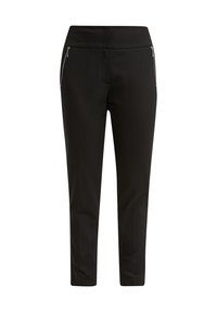 Pantalon noir slim avec une taille haute et deux poches avant zippées, conçu pour un look élégant et moderne.
