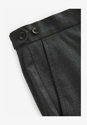 Pantalons en laine gris avec deux boutons noirs, présentant une taille plate et des plis subtils. Texture douce et coupe ajustée pour un look raffiné.