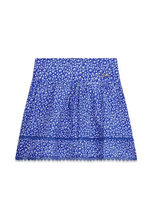 Gonna blu con motivo floreale bianco, tessuto arricciato, orlo smerlato e piccolo logo dorato in vita.