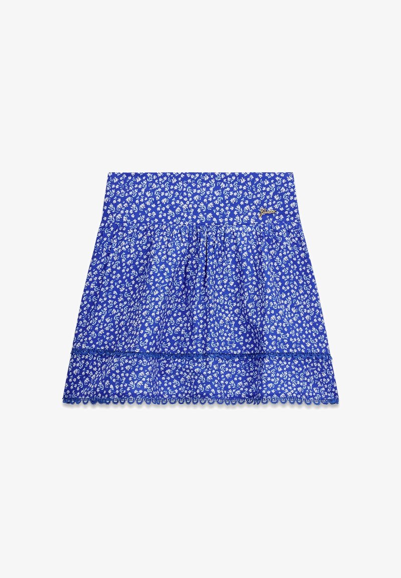 Jupe bleue avec motif floral blanc, tissu froncé, ourlet festonné et petit logo doré sur la ceinture.