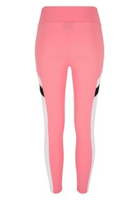 Rosa leggings med høy midje, med svarte og hvite sidelommer for kontrast. Laget av elastisk, glatt stoff for komfort.
