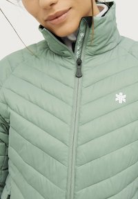 Chaqueta tipo plumas verde claro con cuello alto, cierre con cremallera en la parte delantera y diseño de acolchado en Chevron. Presenta un logo en el pecho y un tejido texturizado.