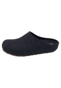 Black felt clog with a rounded toe and low back, featuring a soft texture and a brown rubber sole for grip. Simple, seamless design.