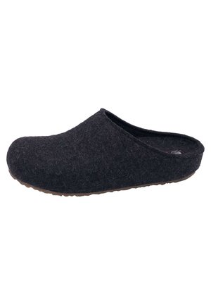 Black felt clog with a rounded toe and low back, featuring a soft texture and a brown rubber sole for grip. Simple, seamless design.