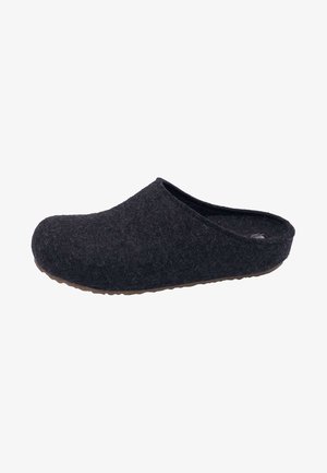 Black felt clog with a rounded toe and low back, featuring a soft texture and a brown rubber sole for grip. Simple, seamless design.