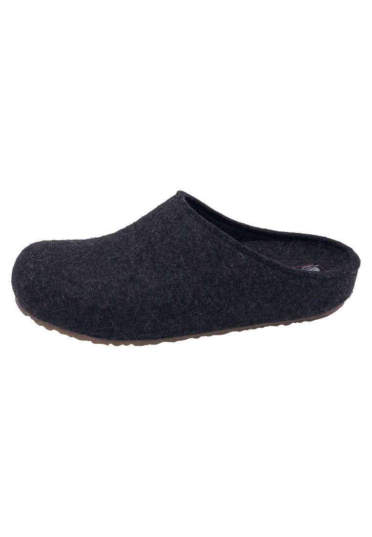 Black felt clog with a rounded toe and low back, featuring a soft texture and a brown rubber sole for grip. Simple, seamless design.
