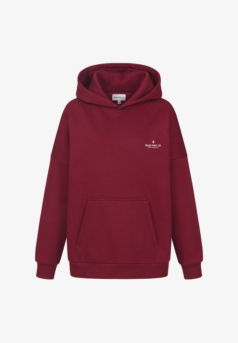 Burgundy hooded sweatshirt made of cotton blend, featuring a front pocket and white logo on the chest, with ribbed cuffs and hem.