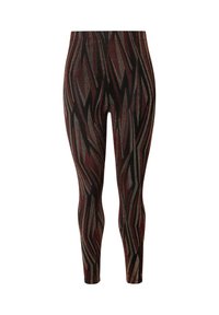 Leggings caratterizzati da un motivo astratto a zigzag in rosso scuro, nero e argento su un tessuto testurizzato. Design aderente con una vita alta.