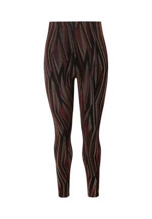 Leggings caratterizzati da un motivo astratto a zigzag in rosso scuro, nero e argento su un tessuto testurizzato. Design aderente con una vita alta.