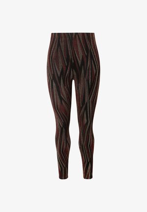 Leggings avec un motif en zigzag abstrait dans des tons de rouge foncé, noir et argent sur un tissu texturé. Design ajusté avec une taille haute.